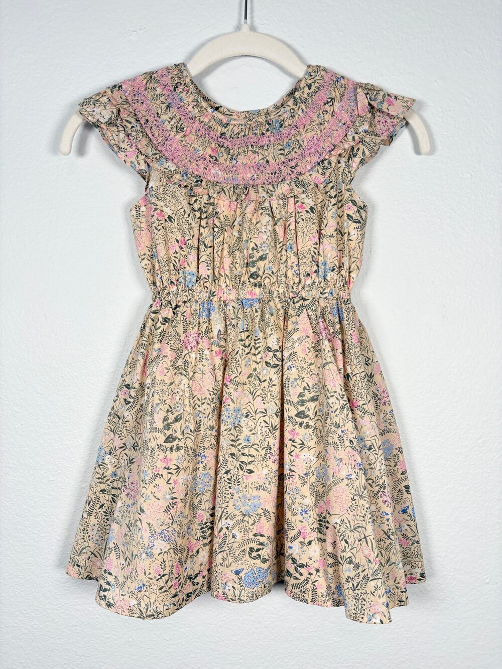 Girl's Janie and Jack Neutral Dainty Floral Print Smocked Ruffle Collar Dress